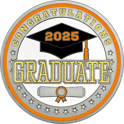 Gold "Congratulations Graduate" with Orange 2025, Rim, Tassel & Ribbon